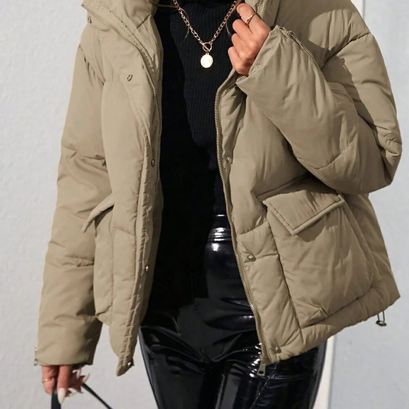 Khaki Casual Women's Loose Stand Collar Padded Puffer Coat - Picture 4 of 6